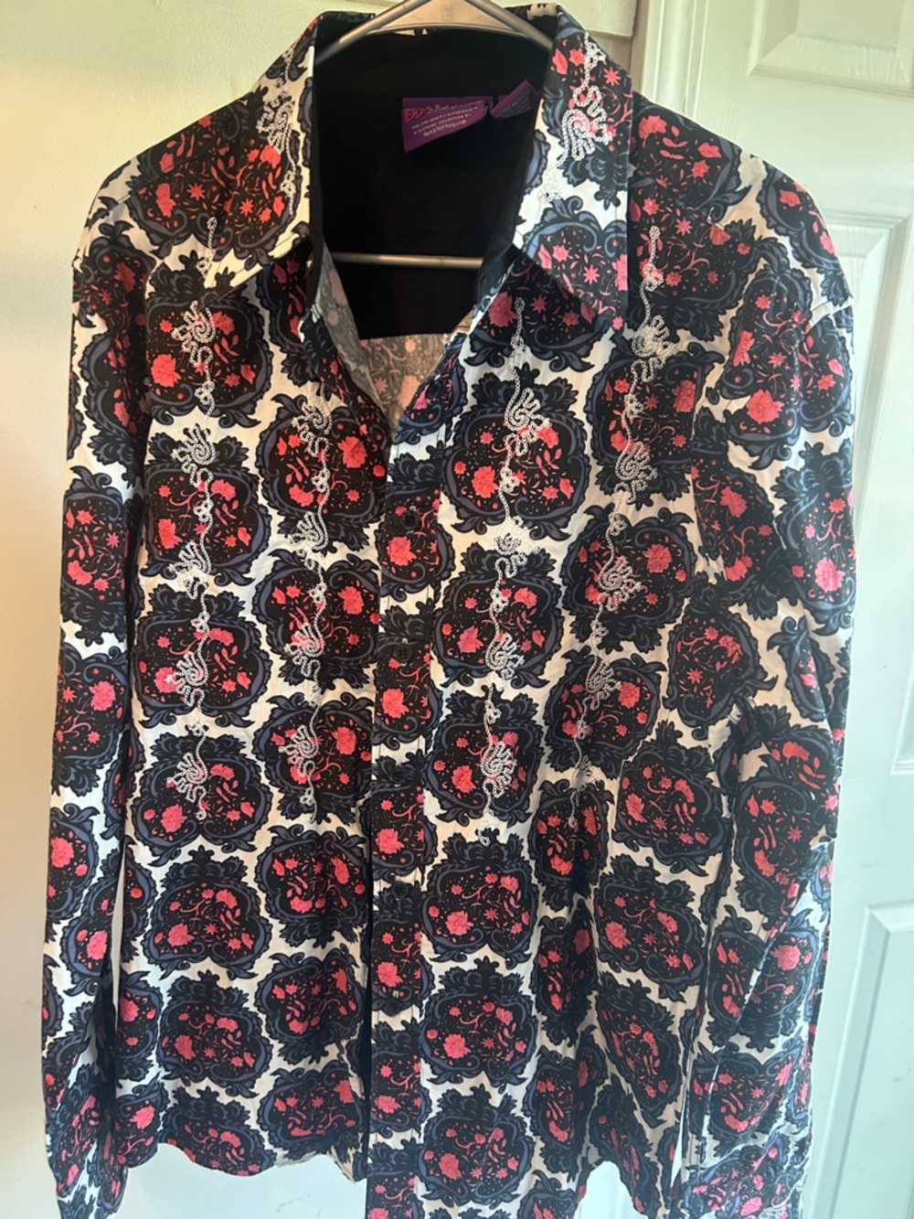 Patterned Button-Up Shirt with Black and Pink Floral Motif